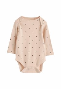 Langärmliger Baby-Body aus weichem, pinkfarbenem Stoff mit kleinen, dunklen Herzmustern, ausgestattet mit einem runden Ausschnitt und Druckknopfverschlüssen im Schritt.