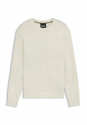 Maglione in maglia beige chiaro con un motivo a onde testurizzato e polsini e orlo a costine. Collo rotondo semplice e logo "BOSS" sull'etichetta.