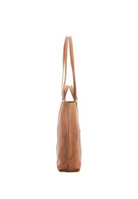 Sac fourre-tout en cuir tan avec deux longues anses, forme robuste et matériel minimal. Texture lisse et détail de couture sur les côtés, sans motifs visibles.