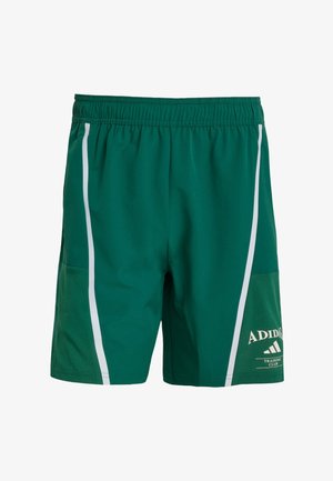 Pantalones cortos deportivos verdes, hechos de un tejido ligero, con acentos laterales blancos, paneles de malla y el logo de "ADIDAS TRAINING CLUB".