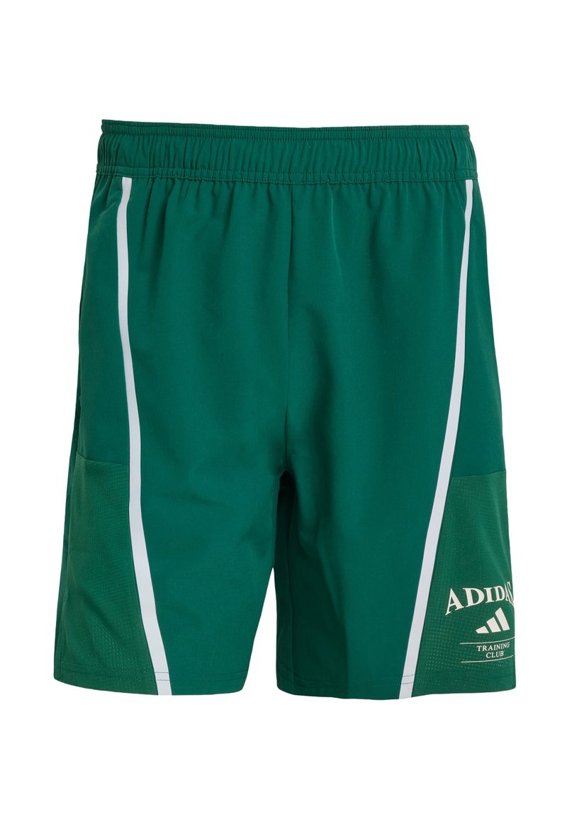 Pantalones cortos deportivos verdes, hechos de un tejido ligero, con acentos laterales blancos, paneles de malla y el logo de "ADIDAS TRAINING CLUB".