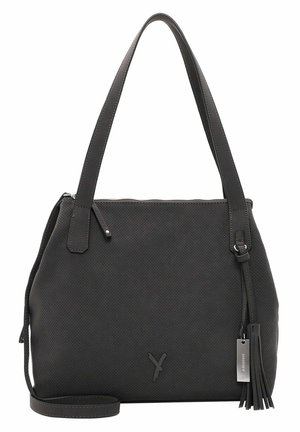 Sac à main en cuir perforé noir avec fermeture éclair, bandoulière plate et accent de pompon amovible. Présente un logo métallique sur le devant.
