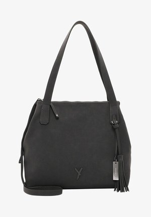 Melnā perforētā ādas rokassomu ar rāvējslēdzēja aizdari, plakanu plecu siksnu un noņemamu pušķa akcentu. Priekšpusē ir metāla logo.