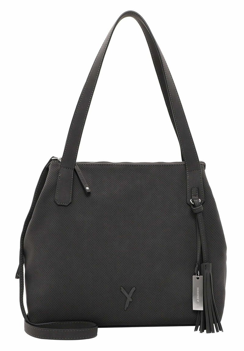 Sac à main en cuir perforé noir avec fermeture éclair, bandoulière plate et accent de pompon amovible. Présente un logo métallique sur le devant.
