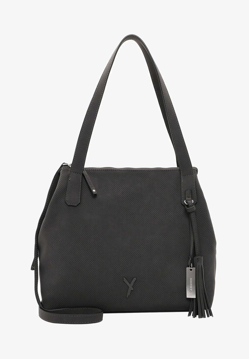 Czarna torebka skórzana z perforacjami, z zamknięciem na zamek błyskawiczny, płaskim paskiem na ramię oraz odpinanym chwostem. Posiada metalowe logo z przodu.