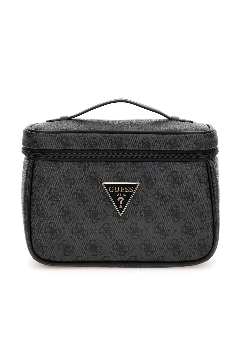Borsa cosmetica nera con superficie testurizzata, chiusura con zip e manico superiore. Presenta un logo dorato triangolare e un design a motivo ripetuto.