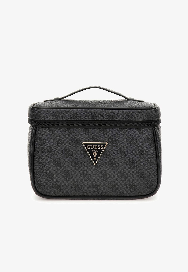 Borsa cosmetica nera con superficie testurizzata, chiusura con zip e manico superiore. Presenta un logo dorato triangolare e un design a motivo ripetuto.