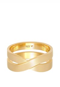 Ring i guldfarvet tone med sammenflettede bånd og poleret finish. Markerede "925," hvilket indikerer sølvindhold. Glat tekstur og moderne design.