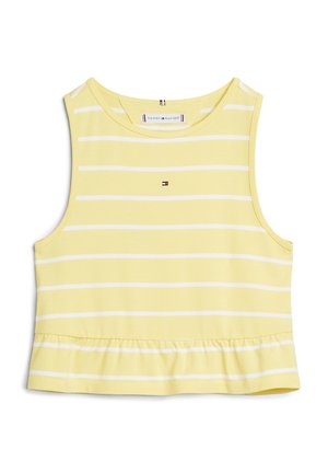 Gul ærmeløs crop top med tynde hvide horisontale striber og et lille Tommy Hilfiger-logo midt foran.