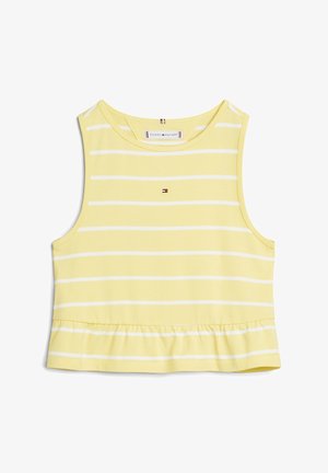 Gul ærmeløs crop top med tynde hvide horisontale striber og et lille Tommy Hilfiger-logo midt foran.