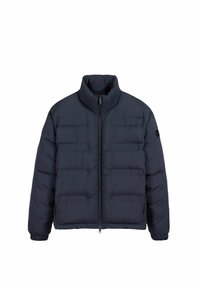 Jachetă puffer navy cu guler înalt, fermoar frontal și manșete elastice. Prezintă secțiuni orizontale matlasate pentru izolație. Design ușor, căptușit.