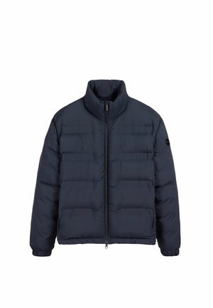 Marineblå oppustet jakke med høj krave, frontlynlås og elastiske manchetter. Har vandrette quiltede sektioner for isolering. Letvægts, polstret design.