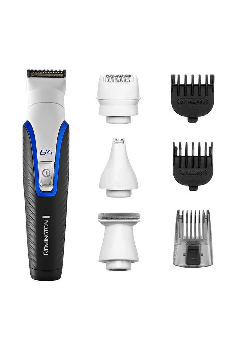 Remington G4 trimmer med en sort tekstureret krop med blå akcenter, fem udskiftelige klippehoveder og justerbare kamtilbehør.