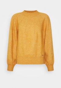 Soft mustard yellow knit sweater with long puffed sleeves and ribbed cuffs, hem, and collar, featuring subtle vertical stitch details.