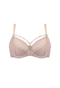 Biustonosz w jasnym beżu z prześwitującymi panelami z siateczki oraz profilowanym krojem. Posiada złote akcenty i regulowane ramiączka.