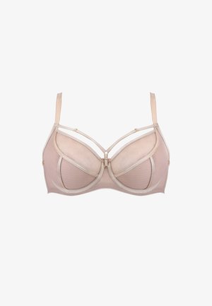 Biustonosz w jasnym beżu z prześwitującymi panelami z siateczki oraz profilowanym krojem. Posiada złote akcenty i regulowane ramiączka.