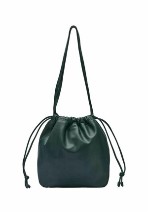 Green leather drawstring bag with a soft texture, rounded shape, and adjustable straps. Features a gathered opening and minimalist design.