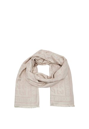 Sciarpa rettangolare rosa chiaro con sottili motivi geometrici e frange corte alle estremità, piegata delicatamente al centro.