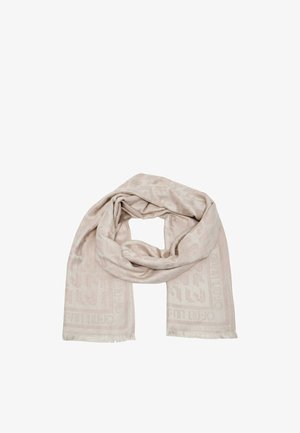 Lichtroze rechthoekige sjaal met subtiele geometrische patronen en korte franjes aan de uiteinden, losjes in het midden gevouwen.