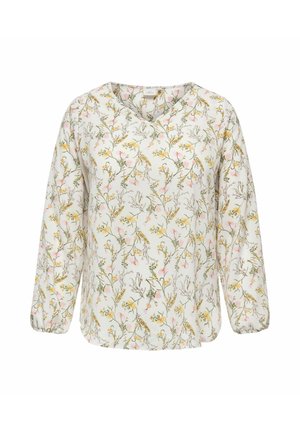 White long-sleeve blouse with a floral pattern in pink and yellow, featuring a relaxed fit and V-neck design. Soft, lightweight fabric.