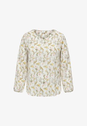 White long-sleeve blouse with a floral pattern in pink and yellow, featuring a relaxed fit and V-neck design. Soft, lightweight fabric.