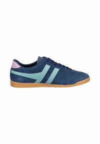 Blue suede sneaker with mint green stripes and a light pink heel. Features a textured upper and a gum rubber outsole.