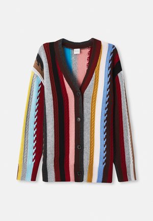 Cardigan lavorato a maglia con scollatura a V, strisce multicolori in rosso, blu, giallo e grigio, con cinque bottoni e polsini a costine.