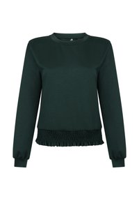 Donkergroene sweatshirts met lange mouwen, een ronde halslijn en een smock-elastische zoom voor een aangesloten silhouet. Gladde stof textuur.