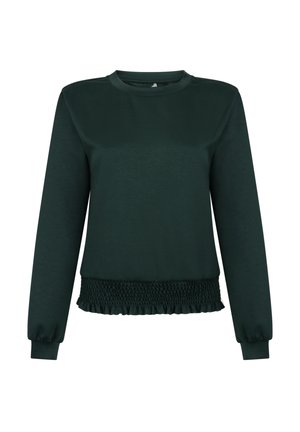 Donkergroene sweatshirts met lange mouwen, een ronde halslijn en een smock-elastische zoom voor een aangesloten silhouet. Gladde stof textuur.