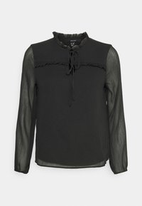 Svart långärmad blus med rynkad halsringning och knytdetalj. Genomskinligt tyg på ärmarna ger struktur; lätt och luftig design.