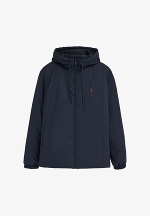 Marineblaue Kapuzenjacke mit Frontreißverschluss, rotem Logo auf der linken Brust, verstellbaren Kordeln, Seitentaschen und elastischen Bündchen.