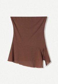 Abito marrone senza maniche con orlo svasato, texture liscia e discreta apertura laterale per un tocco in più. Adatto per diverse occasioni.