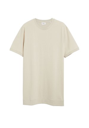 Beige T-shirt met korte mouwen en ronde hals, geweven met een subtiele horizontale textuur en een rechte zoom.