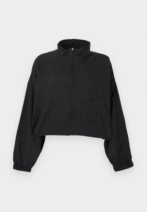 Μαύρο cropped σακάκι με ψηλό γιακά, φερμουάρ μπροστά, μακριά μανίκια, ελαστική μανσέτα και λοξά ραφές στο σώμα.