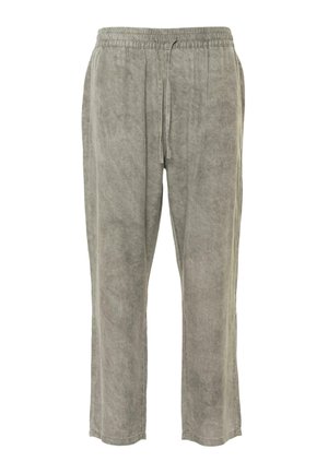 Világosszürke, vászon keverék nadrág rugalmas derekkal, zsinórral, laza szabással és oldalsó zsebekkel. Sima textúra finom fényességgel.