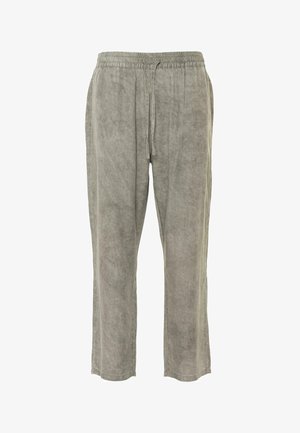 Svetlo sivi hlače iz mešanice platna z elastičnim pasom, vrvico za zategovanje, udobnim krojem in stranskimi žepek. Gladka tekstura z rahlim sijajem.