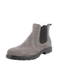 Stivaletti Chelsea in suede grigiocon pannelli elasticizzati, punta tonda e suola in gomma nera. Dotati di un inserto per facilitare l'indossamento.