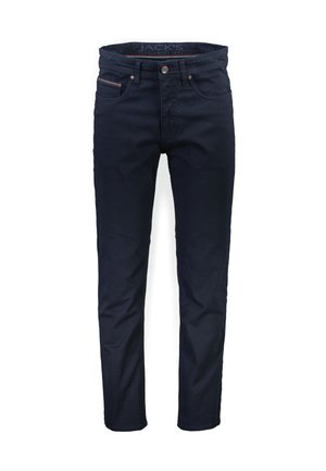 Jeans blu navy in cotone con una texture liscia, dotati di tasca frontale, chiusura a bottone metallico e design a gamba dritta.