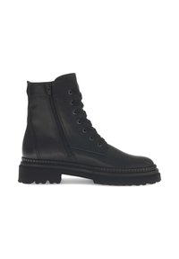 Zwarte leren enkellaarzen met een vetersluiting aan de voorkant, een zijrits, een ronde neus en een dikke rubberen zool. Voorzien van decoratieve stiksels langs de zool.