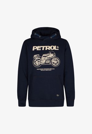 Marineblauwe hoodie van zachte stof, met een voorste kangaroo zak, een trekkoordkap, en een crèmekleurige grafiek van een motorfiets met de tekst "PETROL".