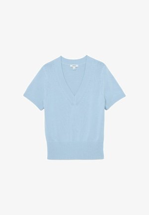 Světle modrý krátký pletený svetr s hlubokým výstřihem do V, žebrovanými manžetami a širokým žebrovaným lemem.