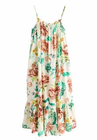 Robe sans manches en crème avec des fleurs roses et vertes, encolure froncée, ourlet à volants et bretelles ajustables. Fabriquée en tissu léger.