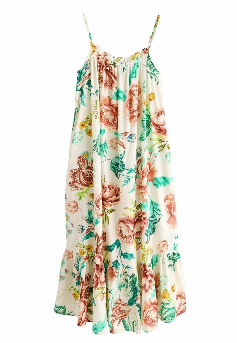 Robe sans manches en crème avec des fleurs roses et vertes, encolure froncée, ourlet à volants et bretelles ajustables. Fabriquée en tissu léger.