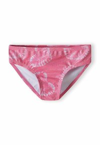 Parte inferiore di bikini rosa con una texture scintillante, caratterizzata da un motivo a spirale bianco. Ha un design semplice e classico con una vita elastica.