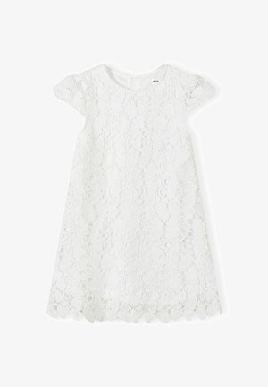 Balta nėriniuota suknelė trumpomis rankovėmis ir apvaliu iškirpimu. Gėlių nėrinių raštas visoje suknelėje su banguotu sijonu. Lengvas tekstūruotas audinys.