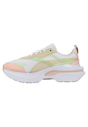 Zapatilla blanca y en tonos pastel con parte superior de malla, acentos texturizados, suela gruesa blanca y superposiciones de colores en verde y rosa.