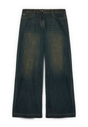 Dunkle Jeans mit weitem Bein, dezenter Verblassung und kleinen dekorativen Nieten, die über den Stoff verteilt sind.