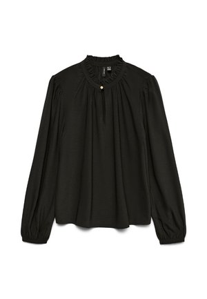Blusa nera a maniche lunghe con scollatura rotonda raccolta, caratterizzata da un sottile dettaglio con bottoni e una silhouette fluida realizzata in tessuto leggero.