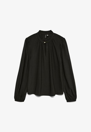 Mustikas pikkade varrukatega pluus, millel on kogutud ümmargune kaelus, peenemates nööpide detailid ja voolav siluett, valmistatud kergest kangast.