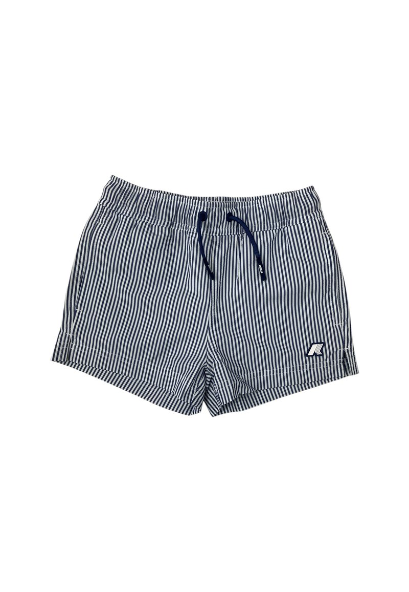 Costumi da bagno a righe blu navy e bianche con vita elasticizzata e coulisse. Presenta un piccolo logo sul lato destro in basso.